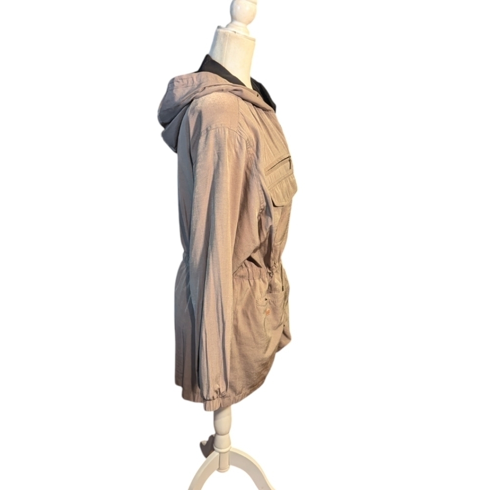 Vtg Gallery tan hooded zip front anorak utility Chore Coat long jacket sz XS - Picture 2 of 13